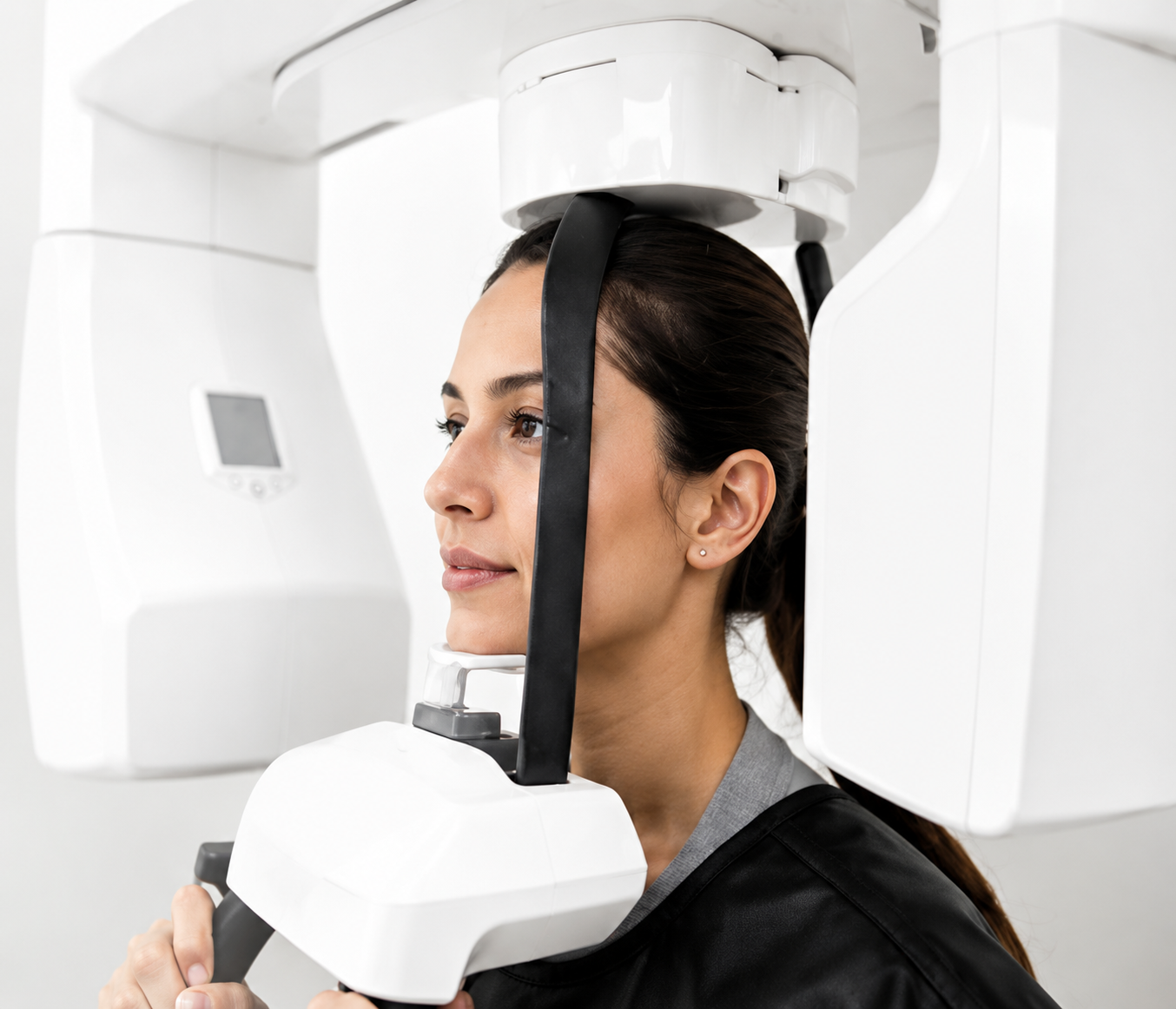 Patient undergoing a panoramic dental X-ray scan at Wilton Dental Practice